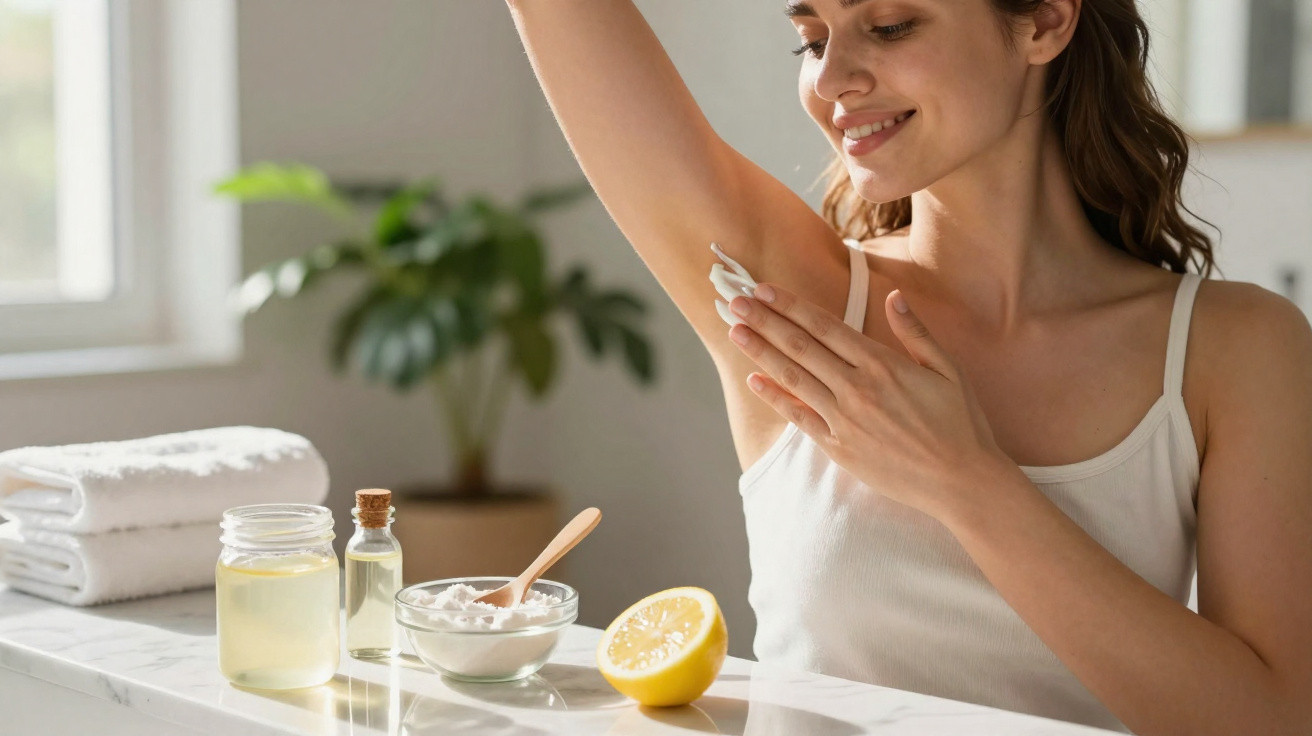 Mulher aplica creme natural nas axilas com limão e produtos caseiros visíveis num balcão.