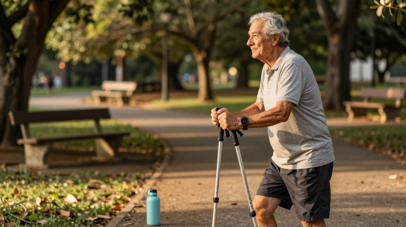 Homem idoso com bengalas faz pausa a caminhar num parque ao amanhecer.