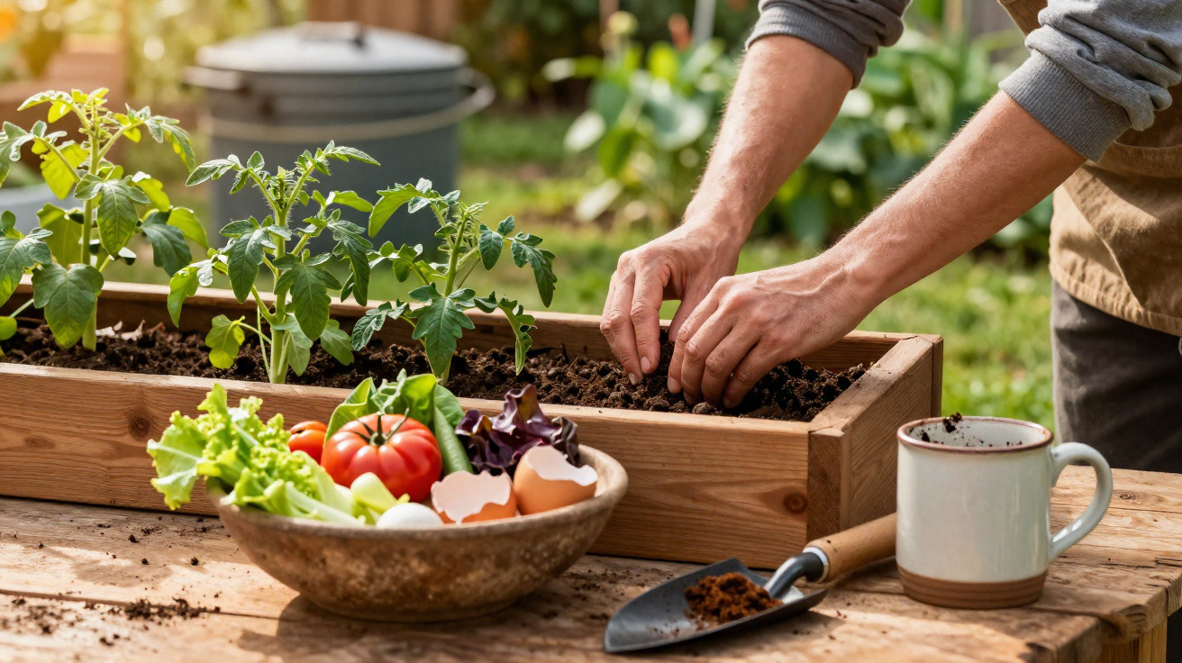 Pessoa a plantar sementes numa caixa de madeira, com legumes frescos e utensílios de jardinagem numa mesa.