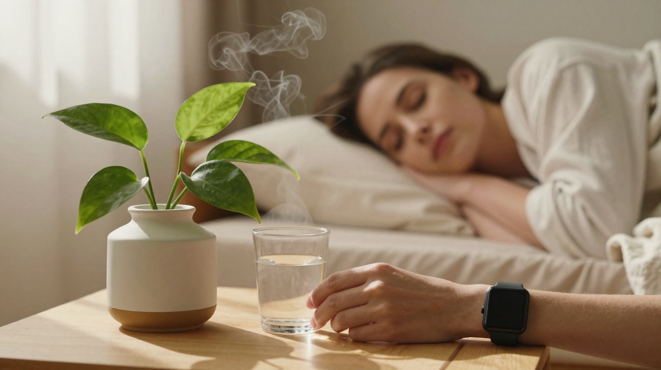 Pessoa adormecida na cama com mão a segurar copo de água numa mesa com vaso e vapor no ambiente.