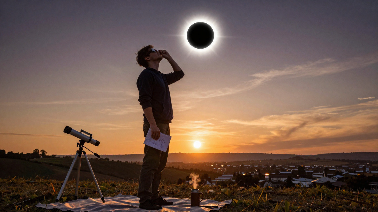Homem com óculos observa eclipse solar com telescópio ao pôr do sol numa paisagem rural.