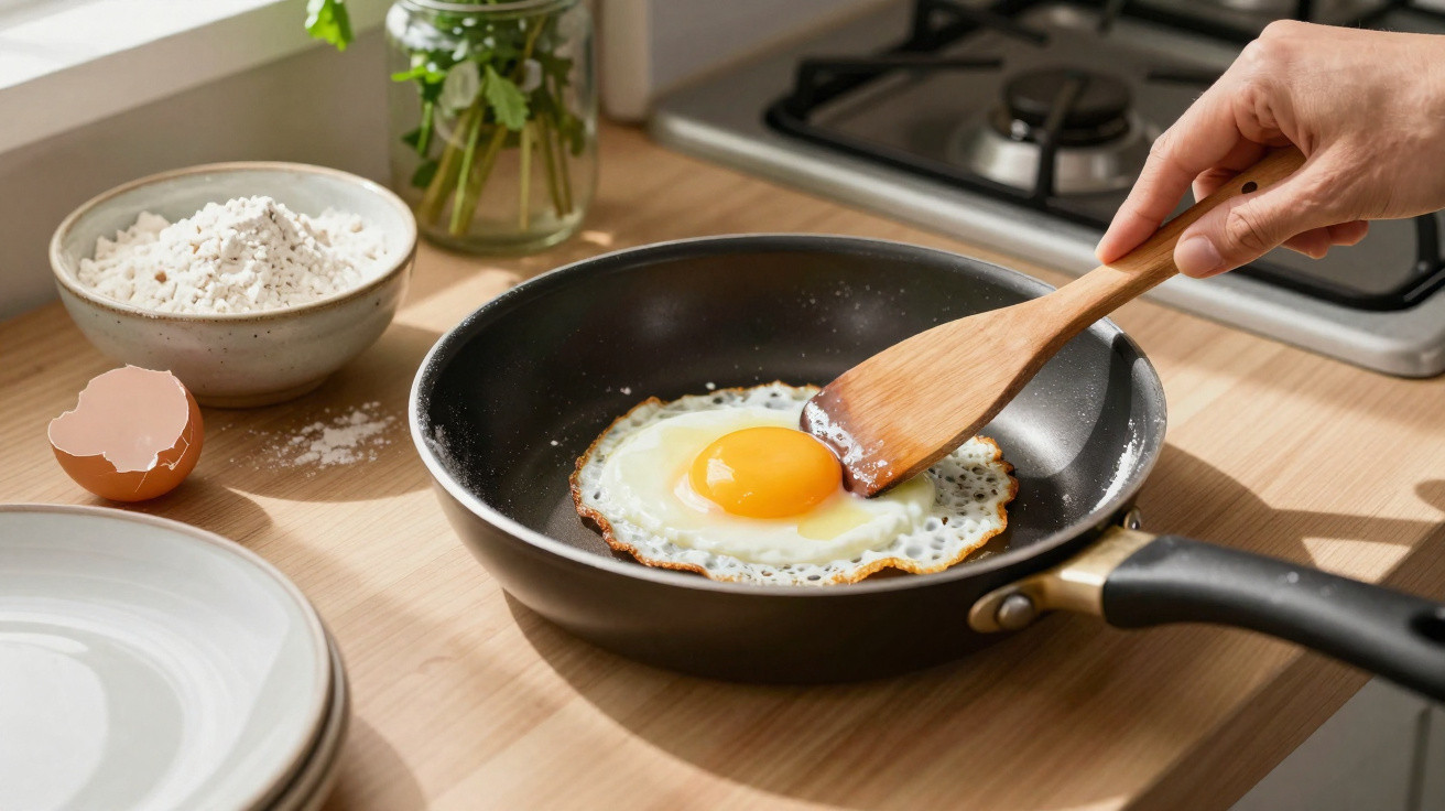 Ovo estrelado a ser virado com uma espátula de madeira numa frigideira preta numa cozinha iluminada.