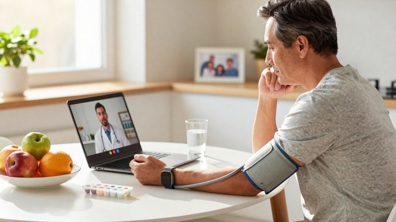 Homem a medir a tensão arterial durante consulta online com médico num portátil numa cozinha iluminada.
