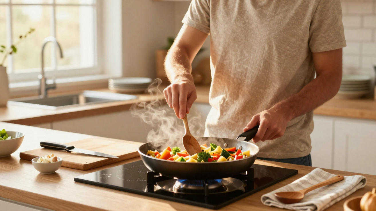 Pessoa a cozinhar legumes coloridos numa frigideira numa cozinha moderna e luminosa.