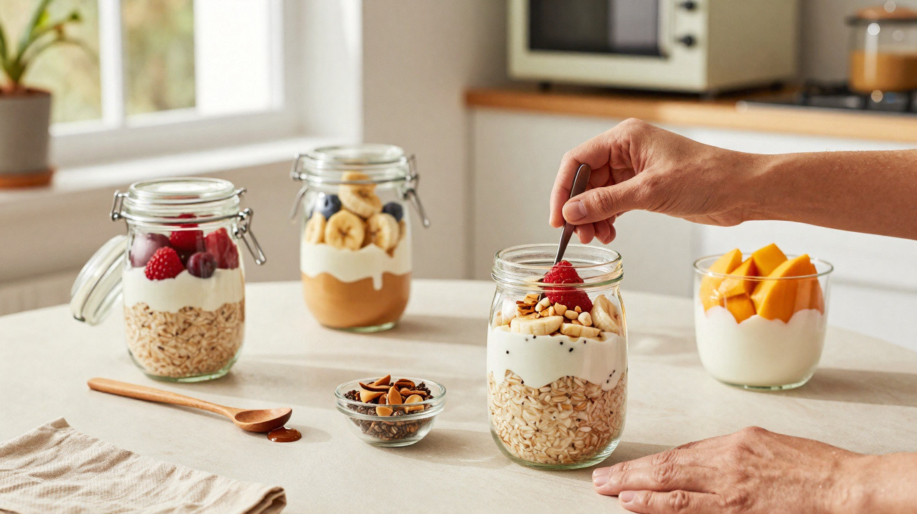 Três frascos com avena, iogurte e frutas, e um copo de iogurte com manga numa mesa de cozinha.