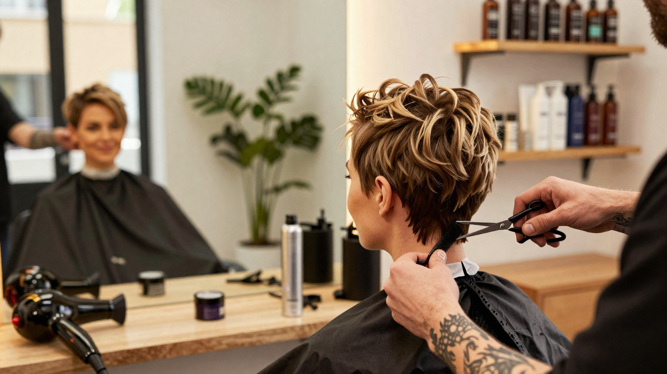 Cabeleireiro a cortar cabelo curto e loiro de uma mulher num salão moderno com espelho e produtos.