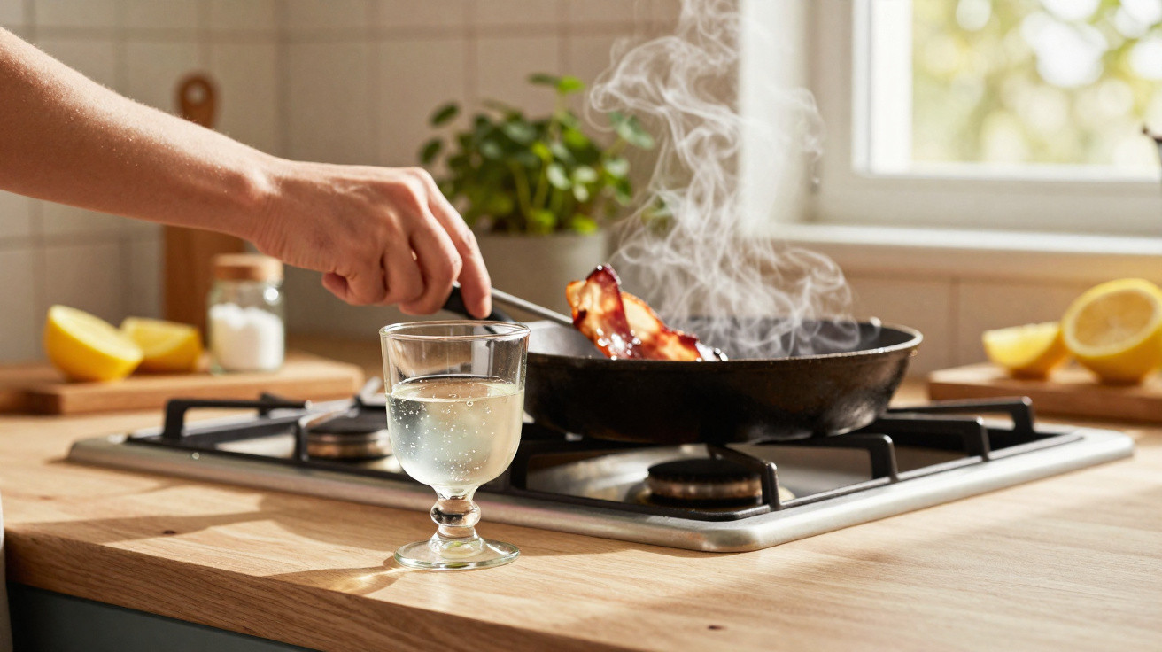 Mão a cozinhar bacon fumegante numa frigideira, com copo de bebida e limões na bancada da cozinha.