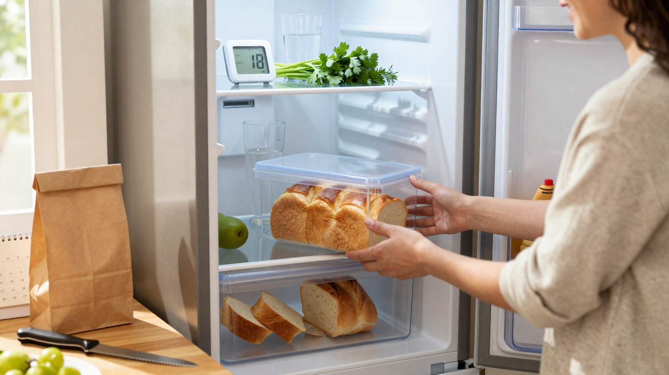 Pessoa a guardar pão num recipiente transparente dentro do frigorífico com temperatura 18 graus.