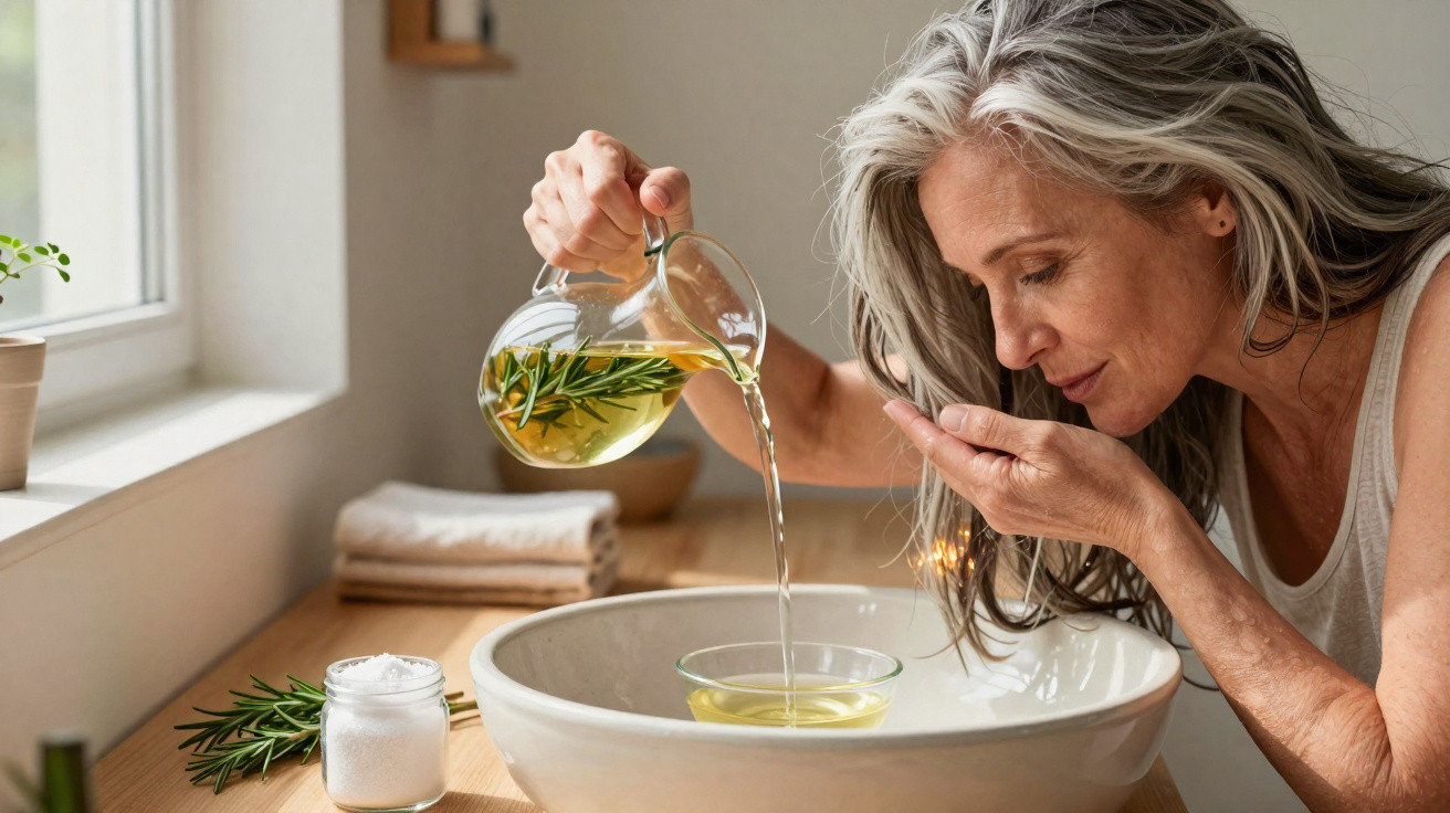 Mulher madura a verter infusion de alecrim para uma taça de cerâmica num ambiente doméstico.
