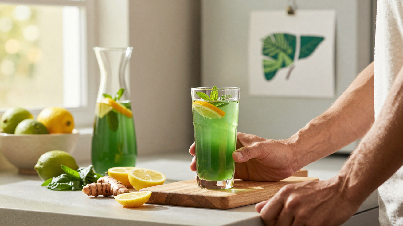 Pessoa a segurar copo com bebida verde, decorada com limão e hortelã, numa cozinha luminosa com ingredientes frescos.