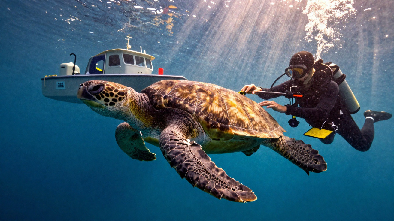 Mergulhador a nadar ao lado de uma tartaruga marinha com barco ao fundo em águas claras.