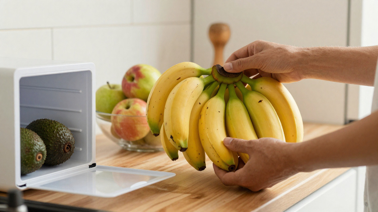 Mãos seguram um cacho de bananas sobre uma bancada de cozinha com abacates e maçãs ao fundo.