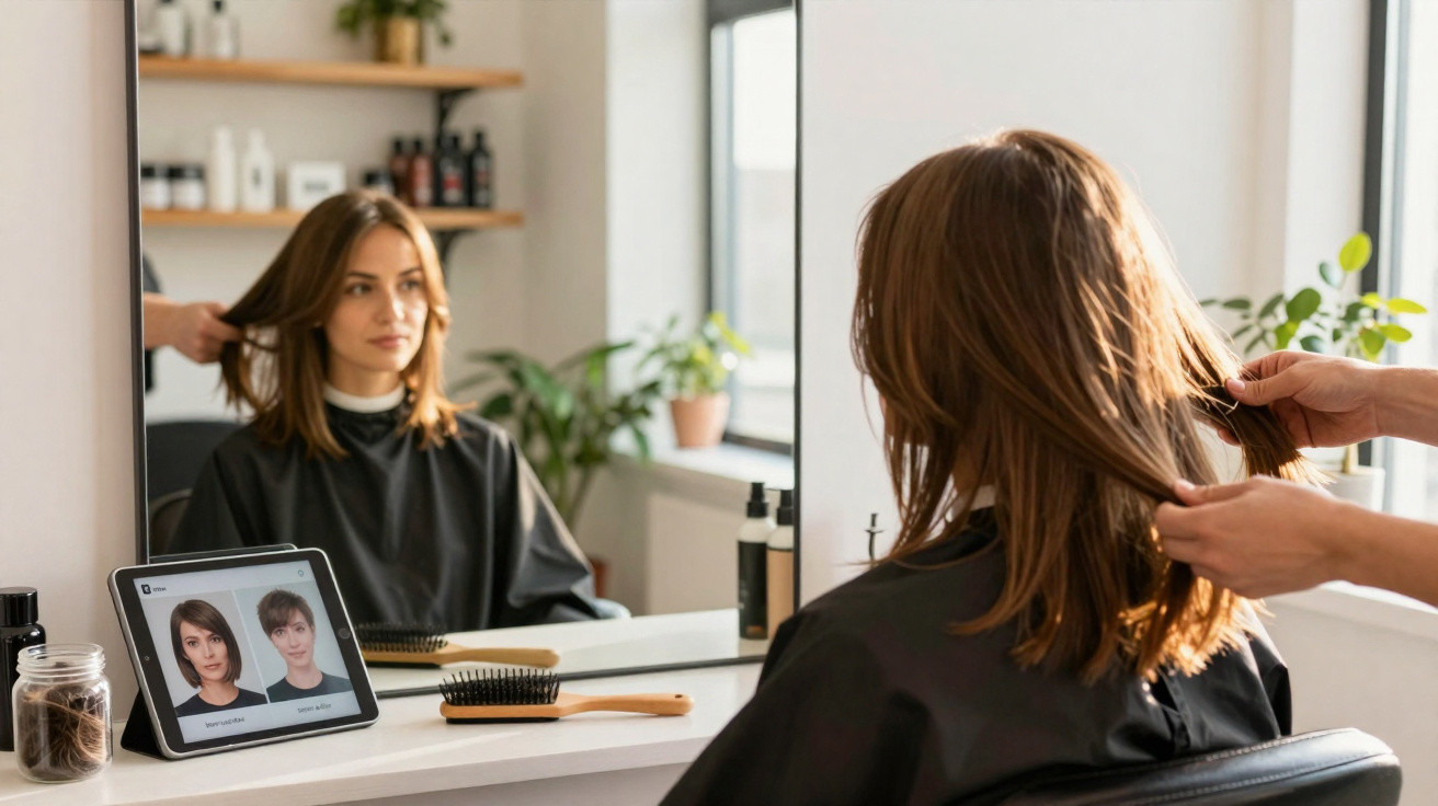 Mulher sentada em cabeleireiro, com capa preta, a ser penteada por profissional, com tablet a mostrar fotos de cabelo.