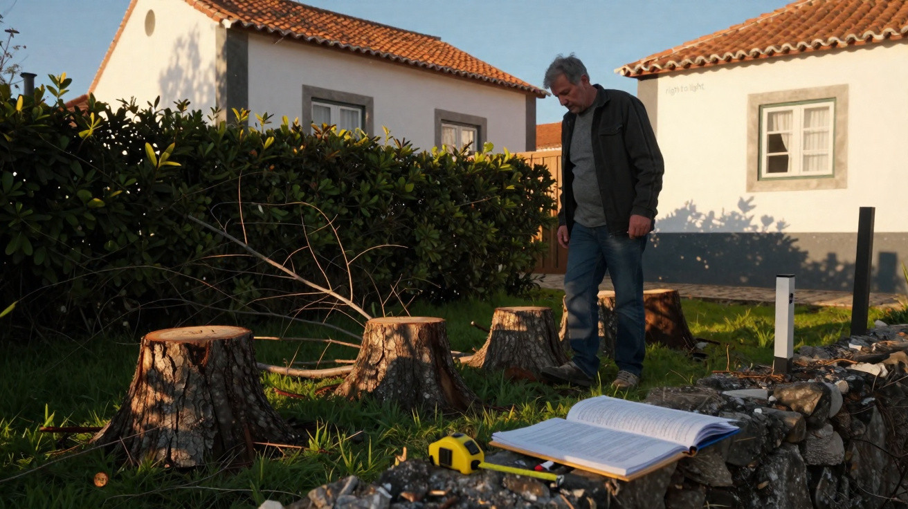 Homem observa restos de árvores cortadas próximo a casas em zona rural sob luz do entardecer.