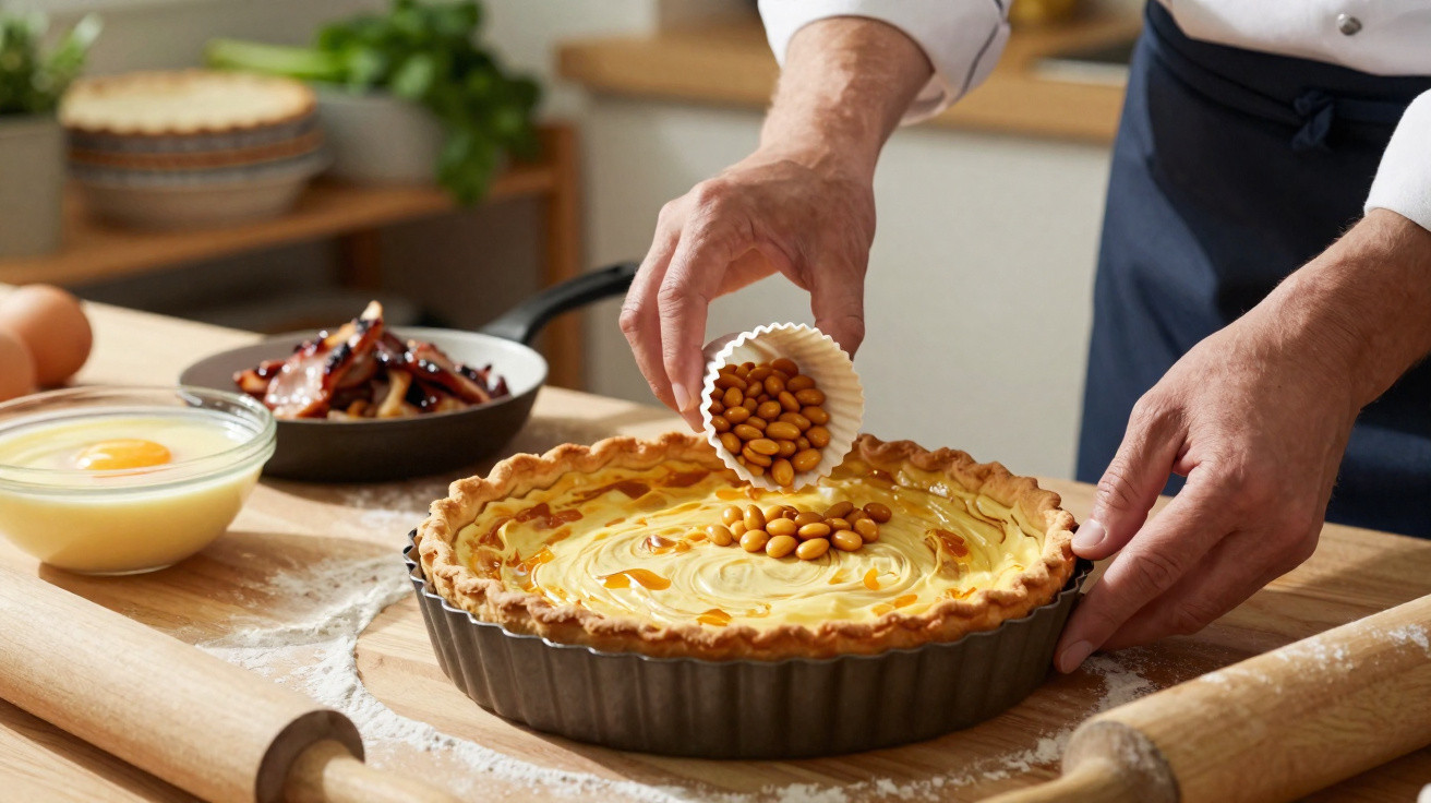 Mãos adicionam grãos numa torta para cozedura, com utensílios e ingredientes num balcão de cozinha.