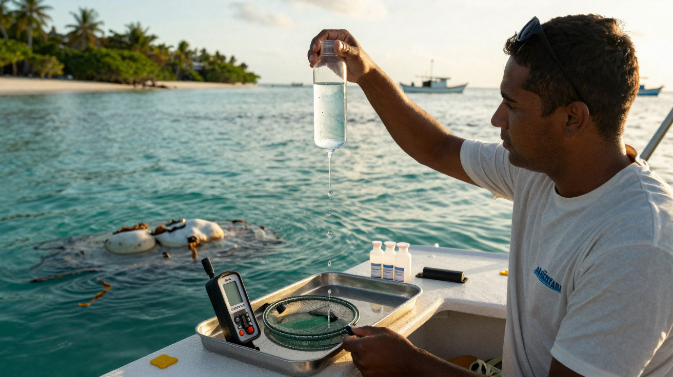 Homem num barco a analisar amostra de água do mar com instrumentos científicos junto a ilha tropical.