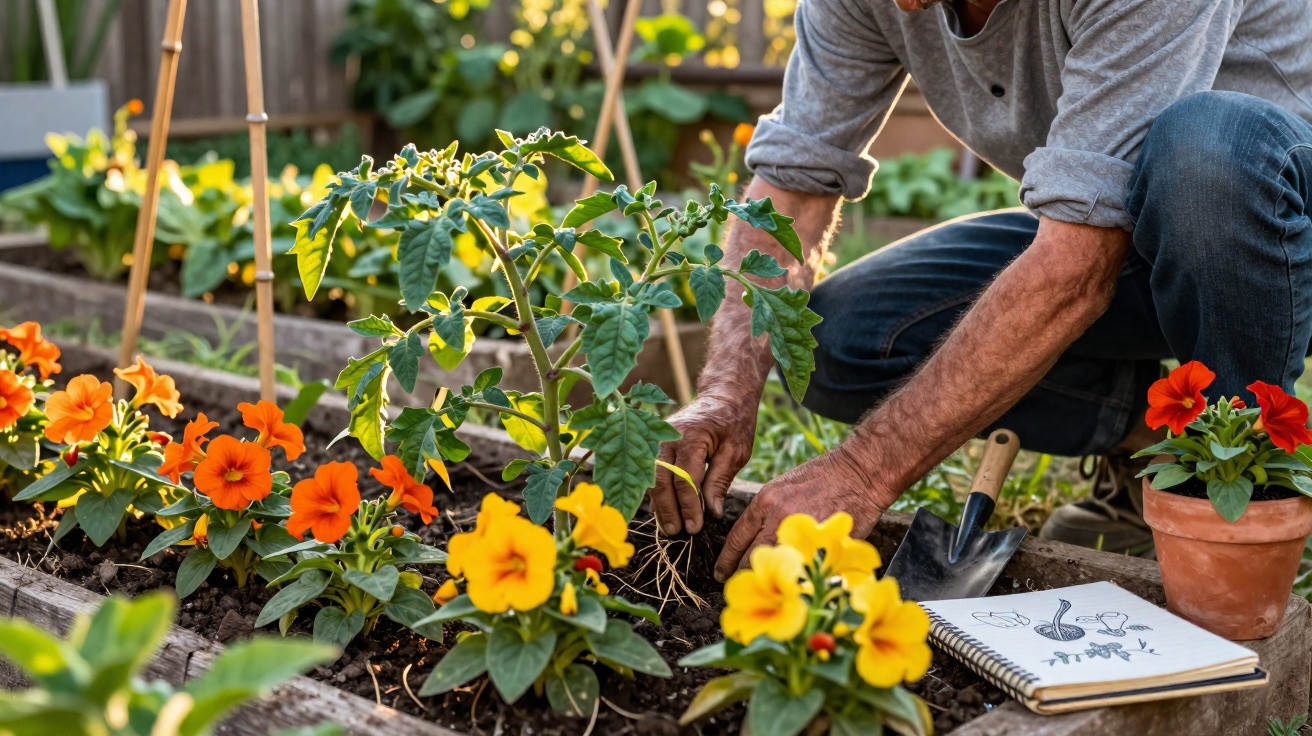 Pessoa a cuidar de plantas e flores num jardim elevado com flores amarelas e laranjas.