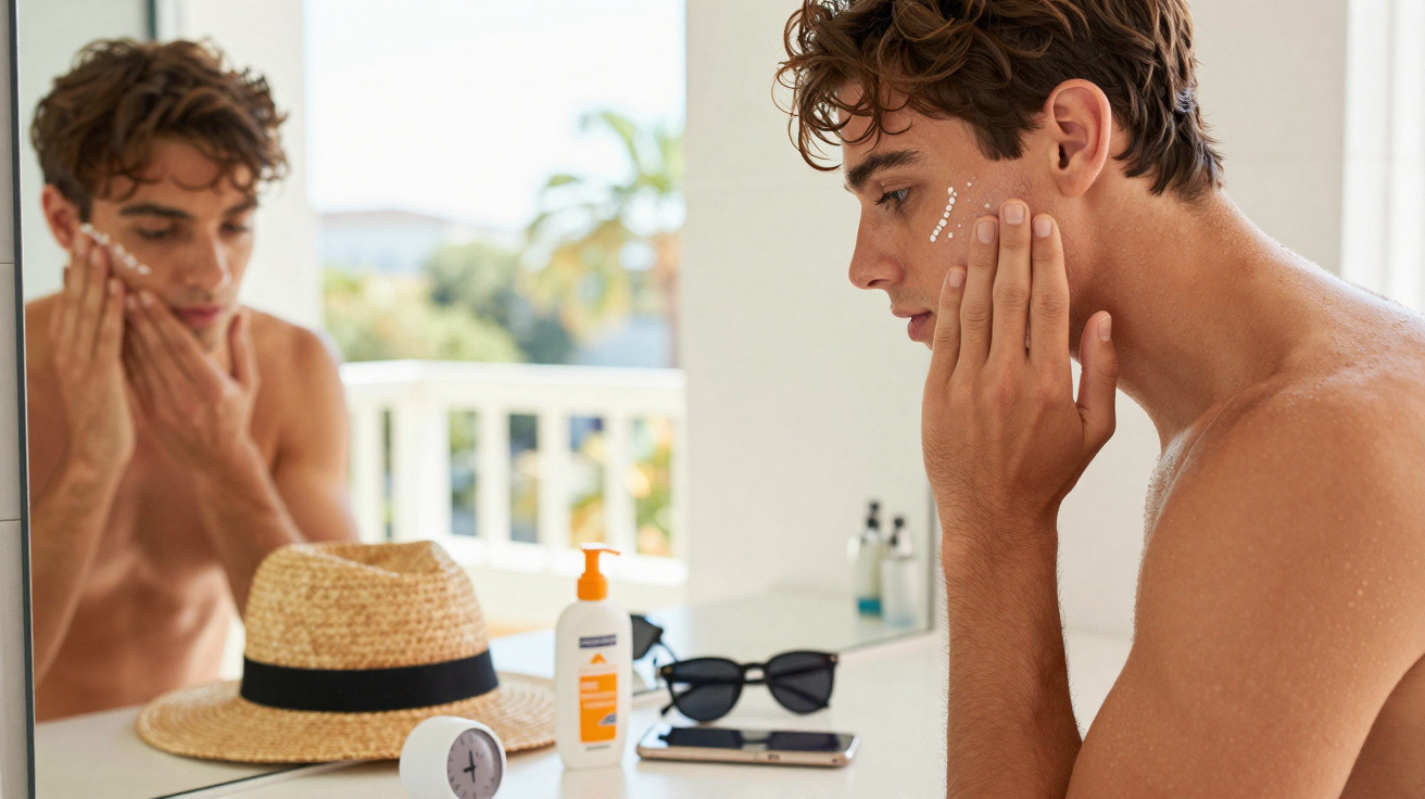 Jovem a aplicar creme facial perto de um espelho, com objetos sobre a mesa iluminada pela luz natural.