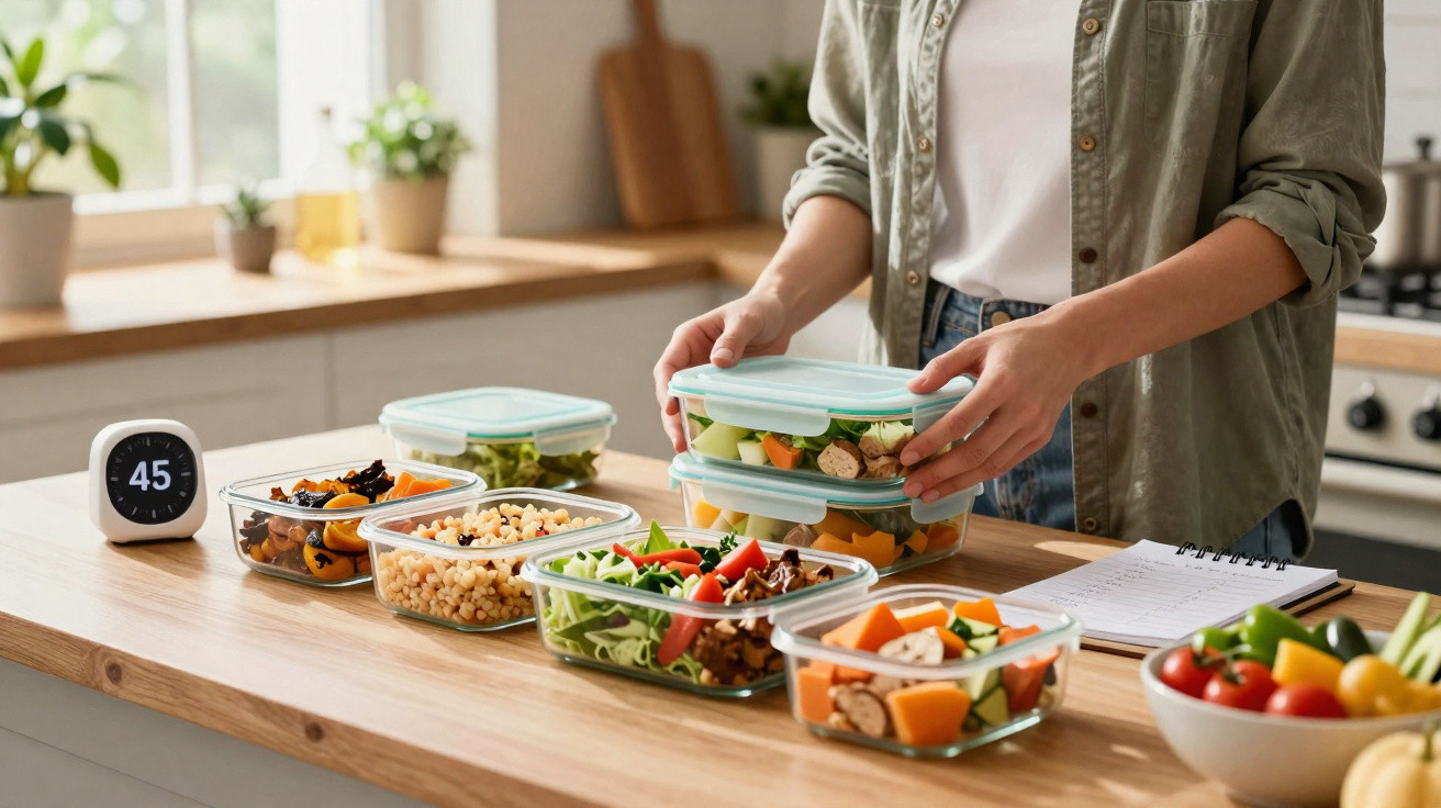 Pessoa a preparar marmitas saudáveis com legumes e grãos numa cozinha luminosa e organizada.