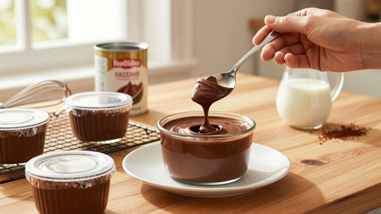 Taça com creme de chocolate espesso, colher a levantar o creme, ao lado de ingredientes numa mesa de madeira.