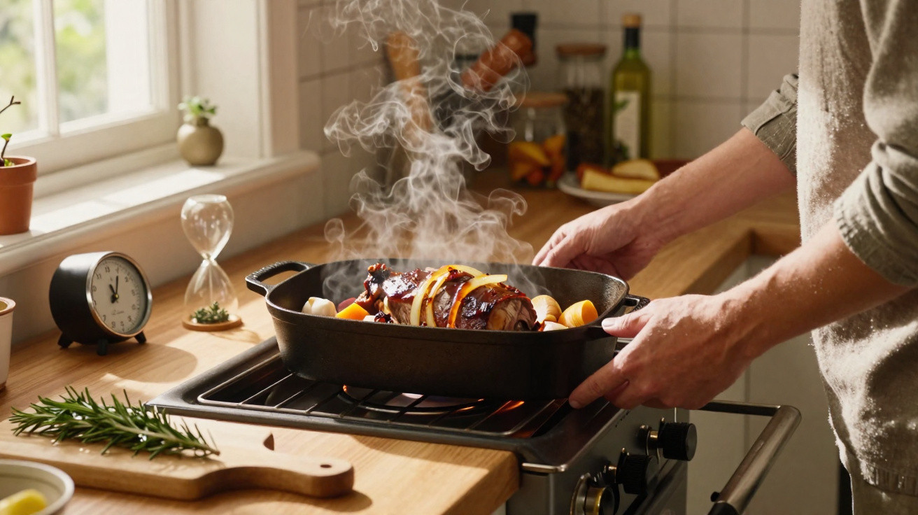 Pessoa a retirar assado fumegante de forno numa cozinha iluminada por luz natural.