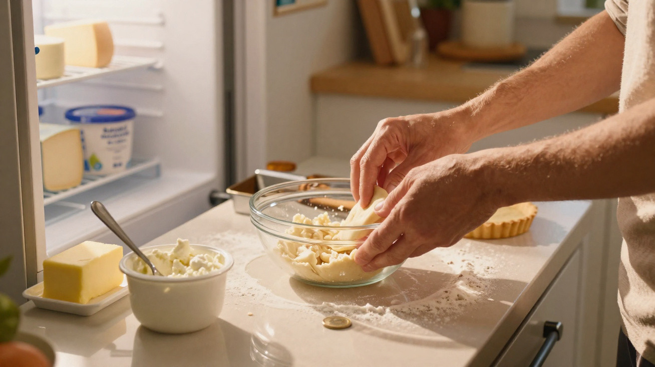 Pessoa a partir queijo fresco para uma taça numa bancada de cozinha iluminada.