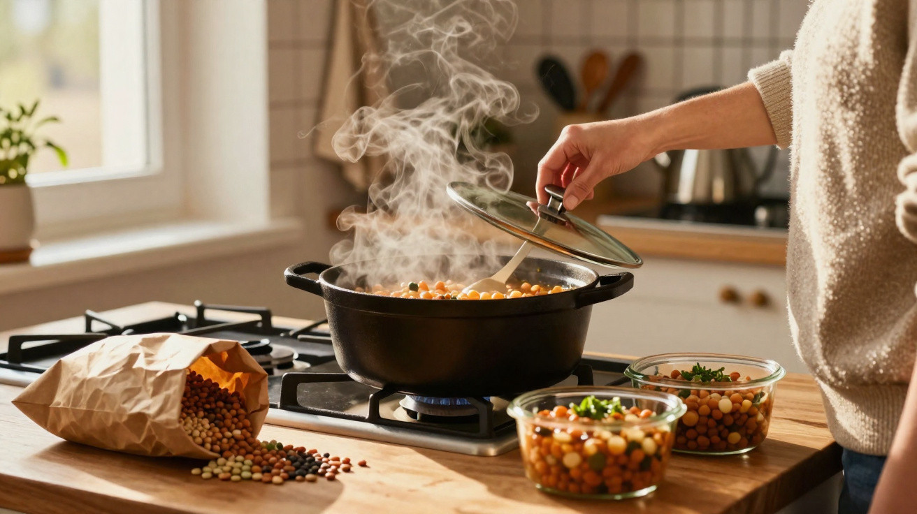 Mão a levantar tampa de panela a ferver no fogão, com grão-de-bico em recipientes de vidro na cozinha.
