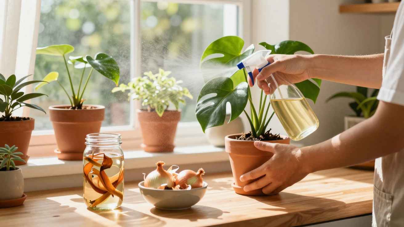 Pessoa pulverizando planta em vaso, com várias plantas e objetos em cima de bancada junto a janela.