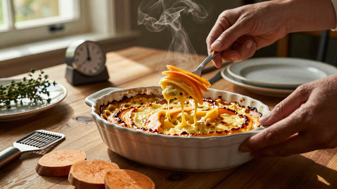 Mãos a servir torta de batata-doce com queijo derretido e vapor numa travessa branca sobre madeira.