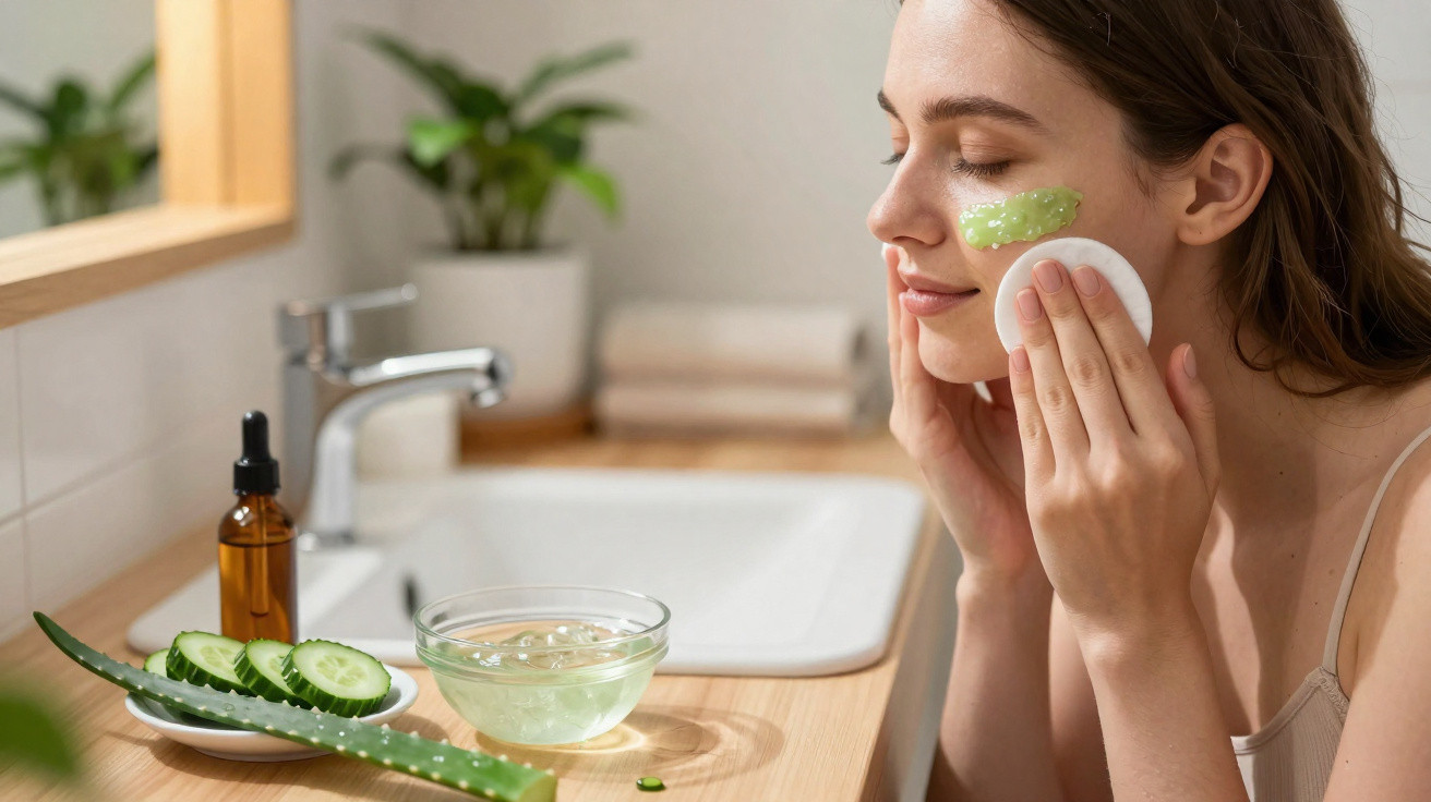 Mulher aplica creme facial verde no rosto, com pepino e aloe vera numa bancada de casa de banho.