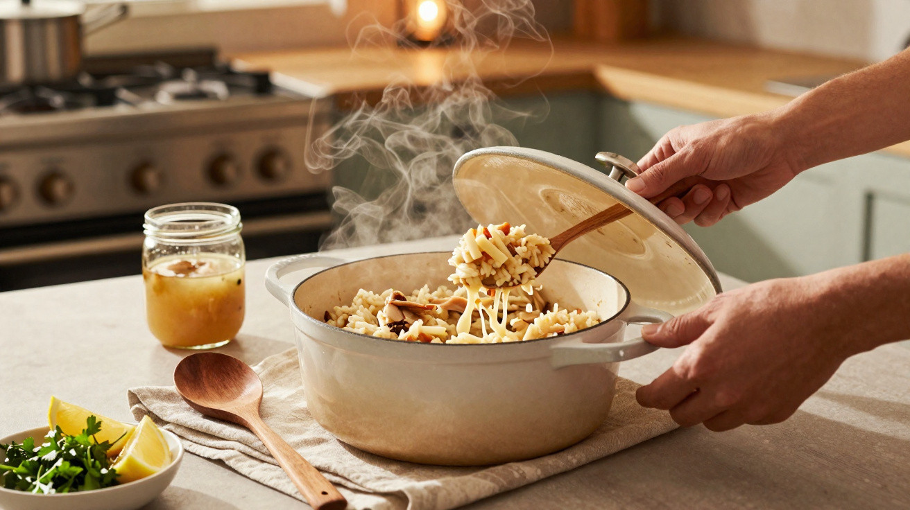 Mãos a levantar tampa de panela com arroz quente e utensílio de madeira numa cozinha moderna.
