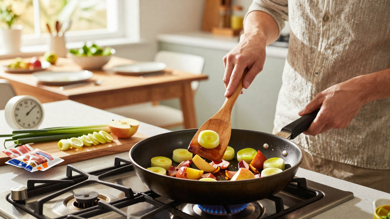 Pessoa a cozinhar legumes numa frigideira sobre um fogão a gás numa cozinha iluminada.