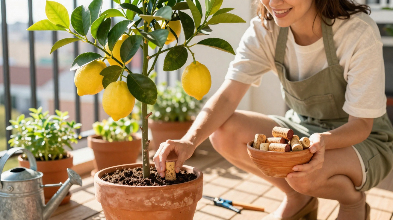 Mulher a colocar rolha de cortiça em vaso com limoeiro numa varanda com outras plantas.