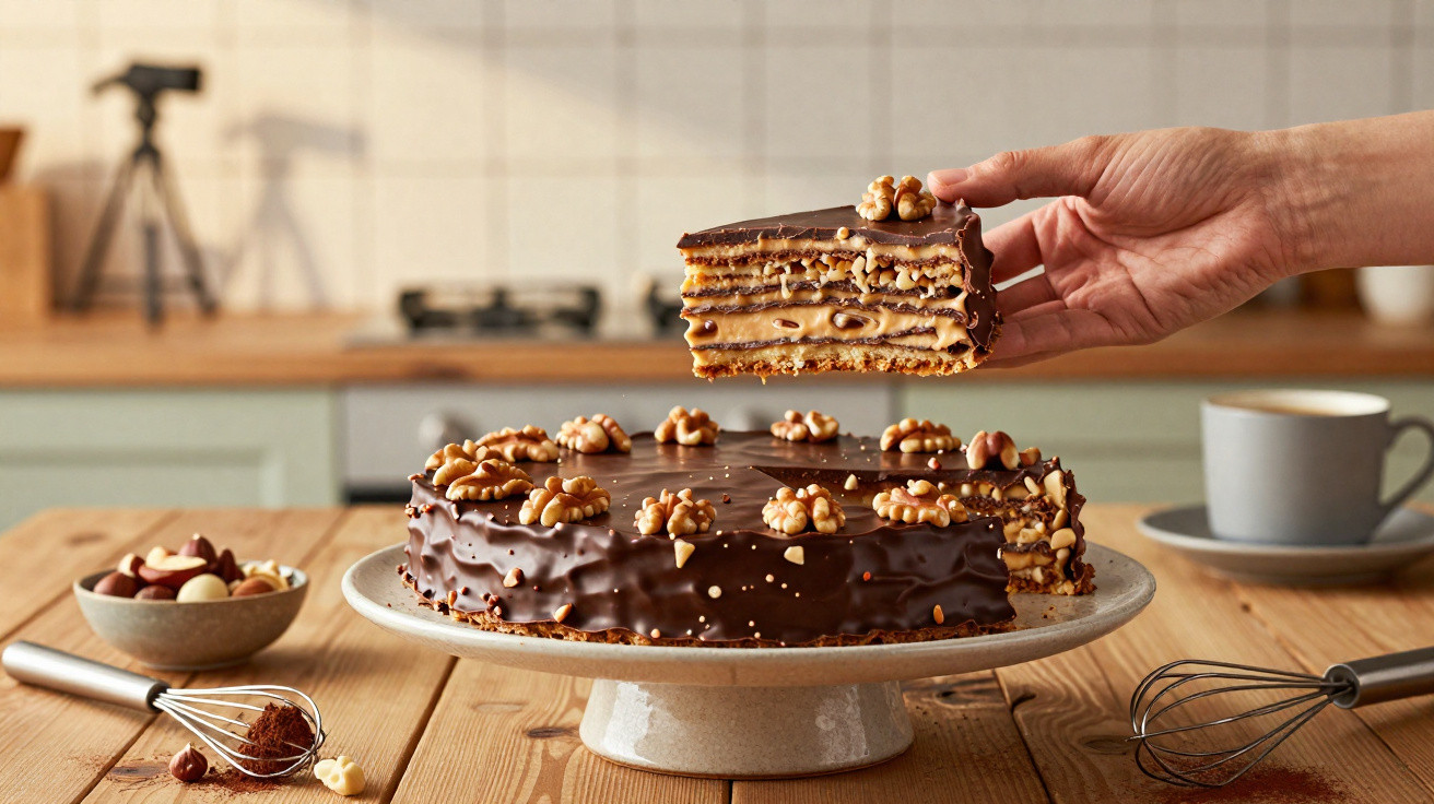 Bolo de camadas coberto com chocolate e nozes, com uma fatia a ser levantada à mão numa cozinha.