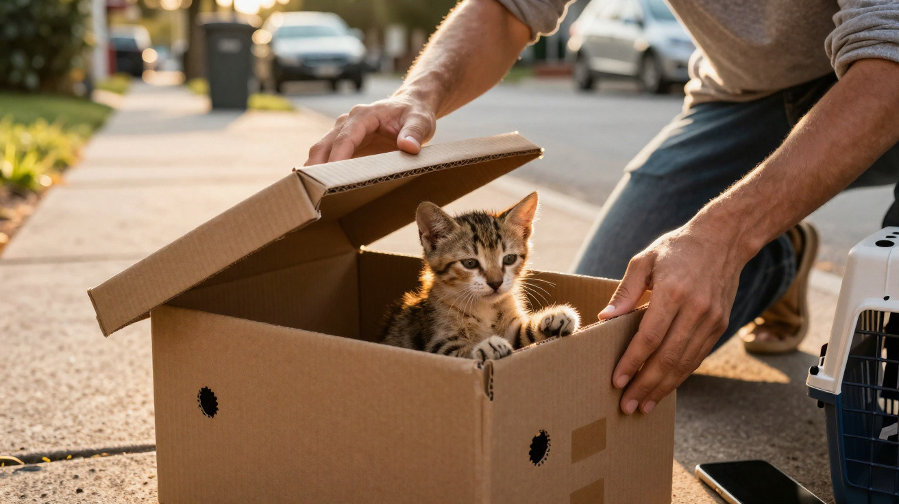 Gato bebé dentro de caixa de cartão aberta, com mãos humanas a segurá-la, numa rua ao fim da tarde.