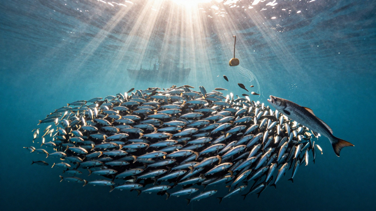 Cardume de peixes a nadar junto de um peixe maior perto de um anzol no fundo do mar com raios de sol a penetrar a água.