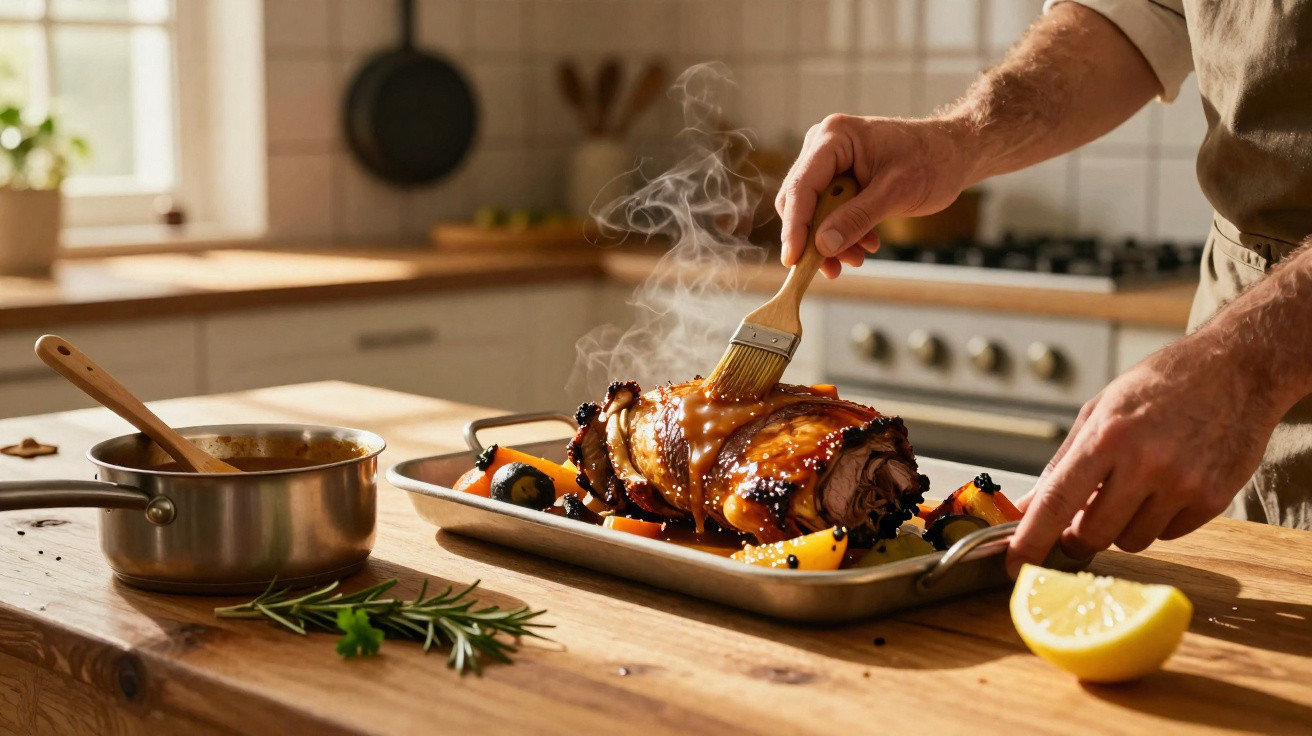 Pessoa a pincelar molho num assado fumegante numa cozinha rústica com legumes e limão.