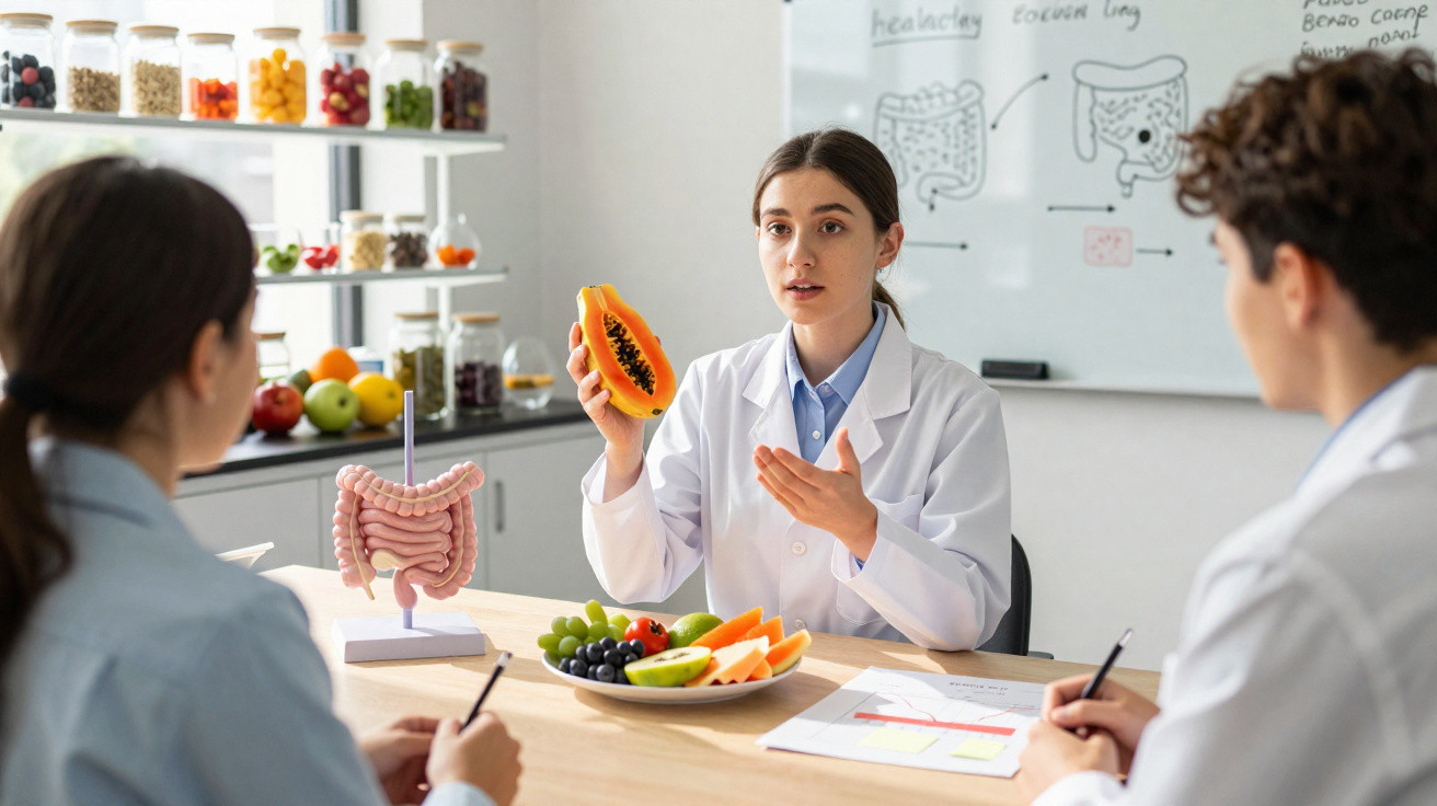 Especialista em nutrição explica os benefícios da papaia para digestão a dois ouvintes em consultório.