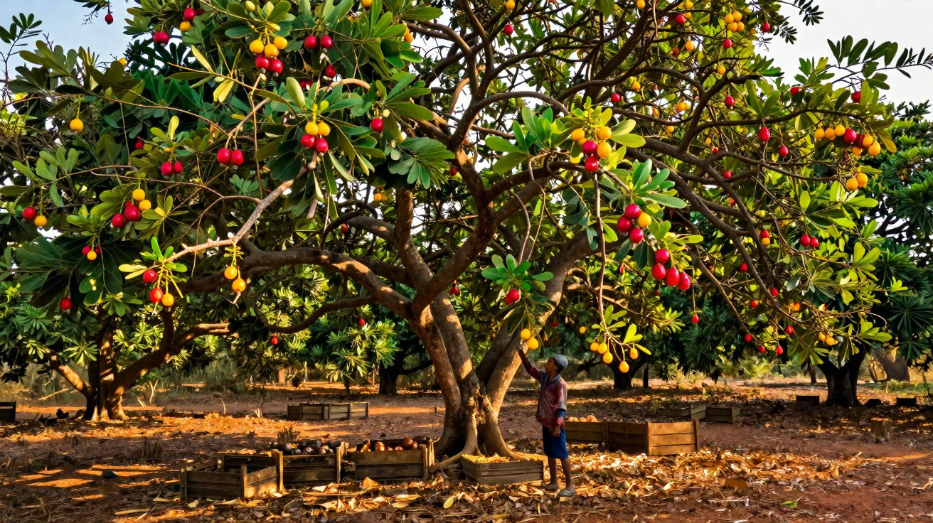 Pessoa colhendo frutos vermelhos e amarelos de uma árvore frutífera num pomar ao entardecer.