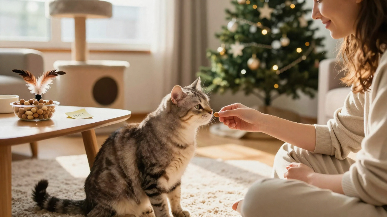 Mulher alimenta gato junto a árvore de Natal numa sala iluminada e acolhedora.