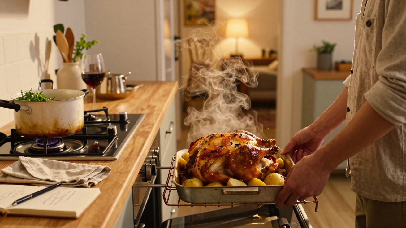 Pessoa a retirar frango assado com batatas do forno numa cozinha acolhedora e moderna.