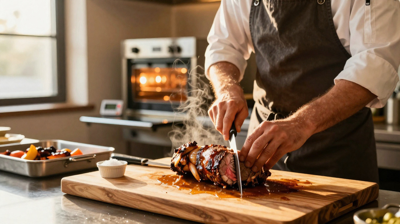 Chef a cortar carne assada numa tábua de madeira numa cozinha profissional com forno ao fundo.