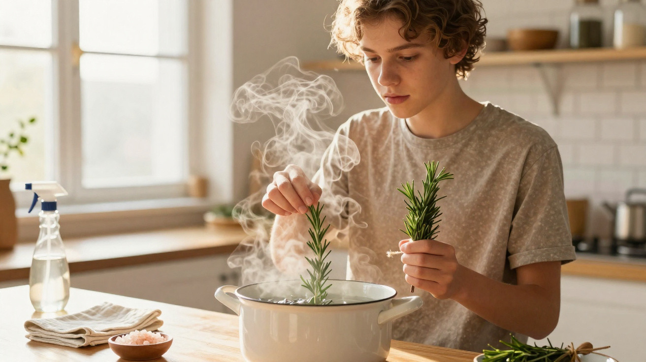 Jovem a cozinhar, a colocar raminhos de alecrim numa panela com vapor numa cozinha moderna.