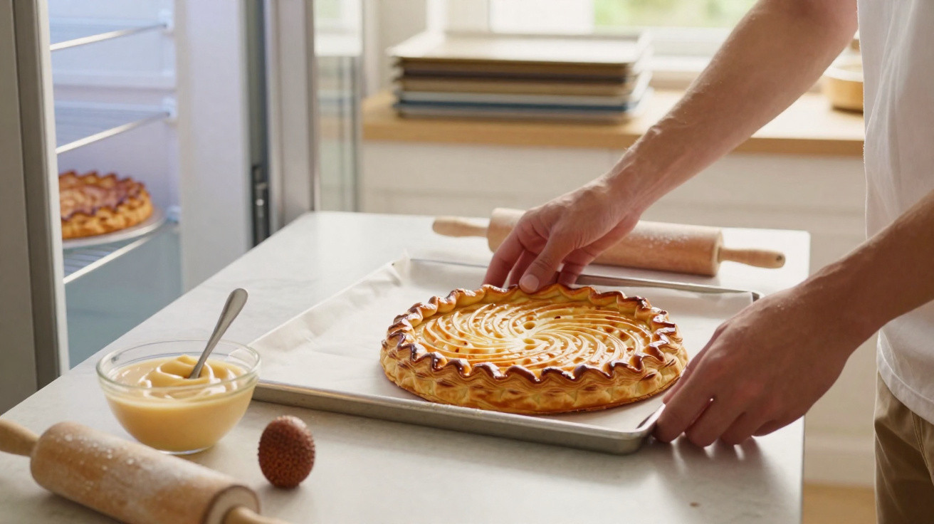 Pessoa a retirar do forno uma tarte dourada sobre tabuleiro de forno numa cozinha luminosa.