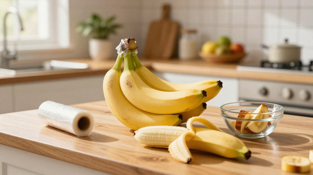 Banha de bananas sobre bancada de cozinha com banana descascada e tigela com fatias de maçã.