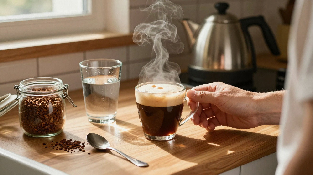 Mão a segurar chávena de café quente a fumegar sobre bancada com jarro de café, copo de água e colher.