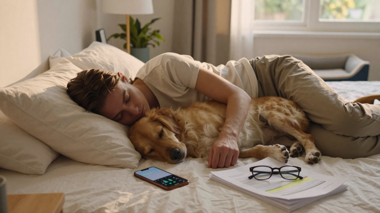 Pessoa deitada na cama a abraçar um cão dourado enquanto descansam juntos num quarto iluminado.