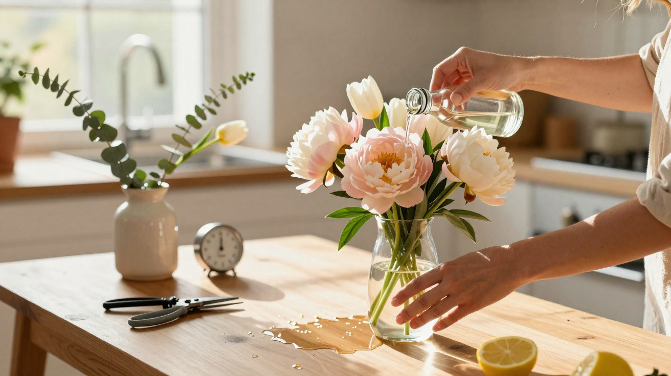 Pessoa a colocar água num vaso com flores rosas sobre mesa de madeira numa cozinha iluminada.