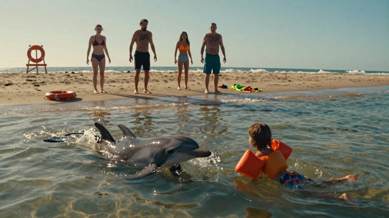 Criança com bóias a nadar junto a golfinho na água, enquanto quatro adultos observam na praia.