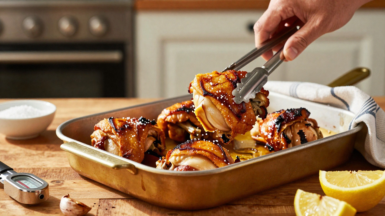 Frango assado numa assadeira dourada sendo retirado com pinças numa cozinha doméstica.